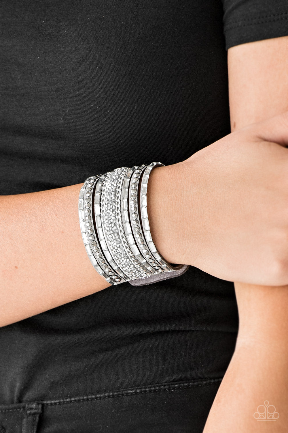 Paparazzi Rhinestone Rumble - Silver Wrap & Snap Bracelet